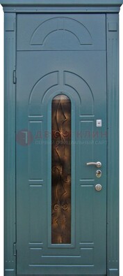 Синяя входная дверь Винорит стекло и ковка с фрамугой ДФГ-32 В Ижевске