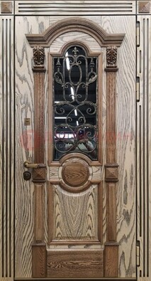 Железная дверь с массивом дуба со стеклом и ковкой ДМД-47 В Ижевске