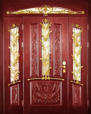 Бордовая железная парадная дверь со стеклом и ковкой ДПР-75 в Курске