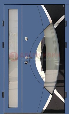 Синяя металлическая дверь со стеклом и узором ДС-13 В Ижевске