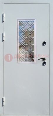 Серая металлическая дверь со стеклом и ковкой ДС-75 В Ижевске