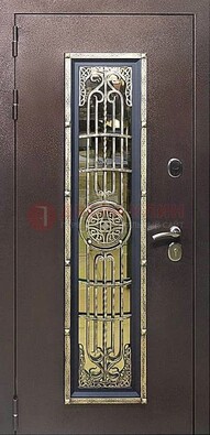 Железная дверь цвета медный антик со стеклом и ковкой ДСК-105 В Ижевске
