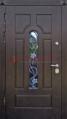 Металлическая дверь со стеклом и ковкой в цвете венге ДСК-142 В Ижевске