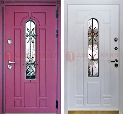 Розовая металлическая дверь со стеклом и ковкой ДСК-151 В Ижевске