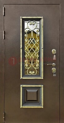 Входная дверь порошок со стеклом и ковкой для коттеджа ДСК-166 в Талдоме