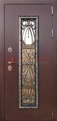 Коричневая стальная дверь порошок со стеклом и ковкой для дома ДСК-169 В Ижевске