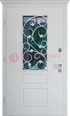 Белая металлическая дверь винорит со стеклом и ковкой ДСК-184 в Великом Новгороде