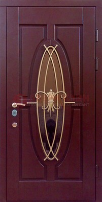 Бордовая стальная дверь Винорит со стеклом и ковкой ДСК-263 В Ижевске