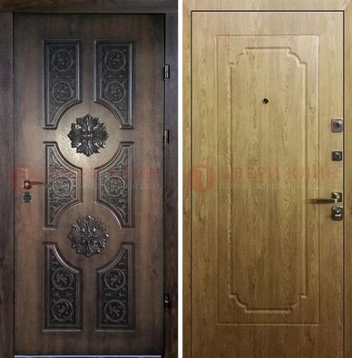 Железная коричневая дверь с виноритом и Золотой дуб внутри ДВТ-101 В Ижевске