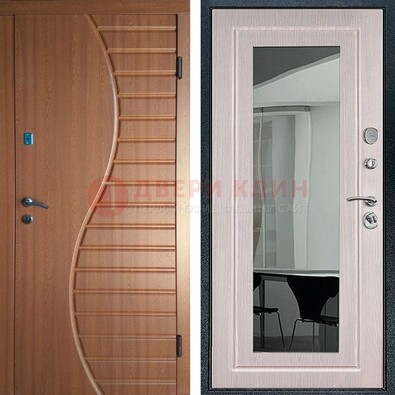 Коричневая железная дверь c виноритом и  МДФ Белый дуб с зеркалом ДЗ-118 