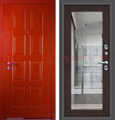 Красная металлическая дверь с МДФ и зеркалом ДЗ-136 В Ижевске