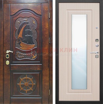 Темная дверь с резьбой и зеркалом внутри ДЗ-49 В Ижевске