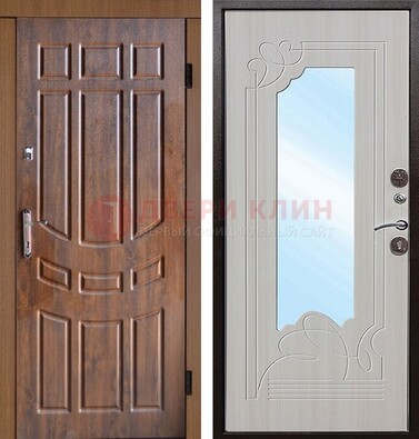 Коричневая уличная дверь c виноритом и терморазрывом МДФ Беленый дуб  с зеркалом ДЗ-97 В Ижевске