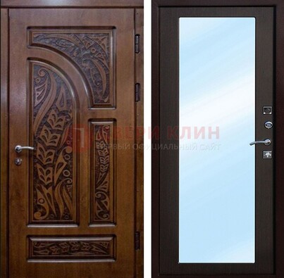 Коричневая входная дверь c узором и виноритом МДФ с зеркалом ДЗ-98 в Зеленограде