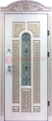 Белая железная дверь с МДФ и витражом ВЖ-26 В Ижевске