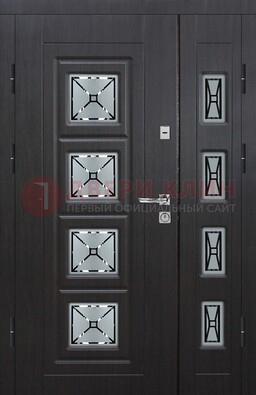 Чёрная двухстворчатая железная дверь с МДФ и витражом ВЖ-35 В Ижевске